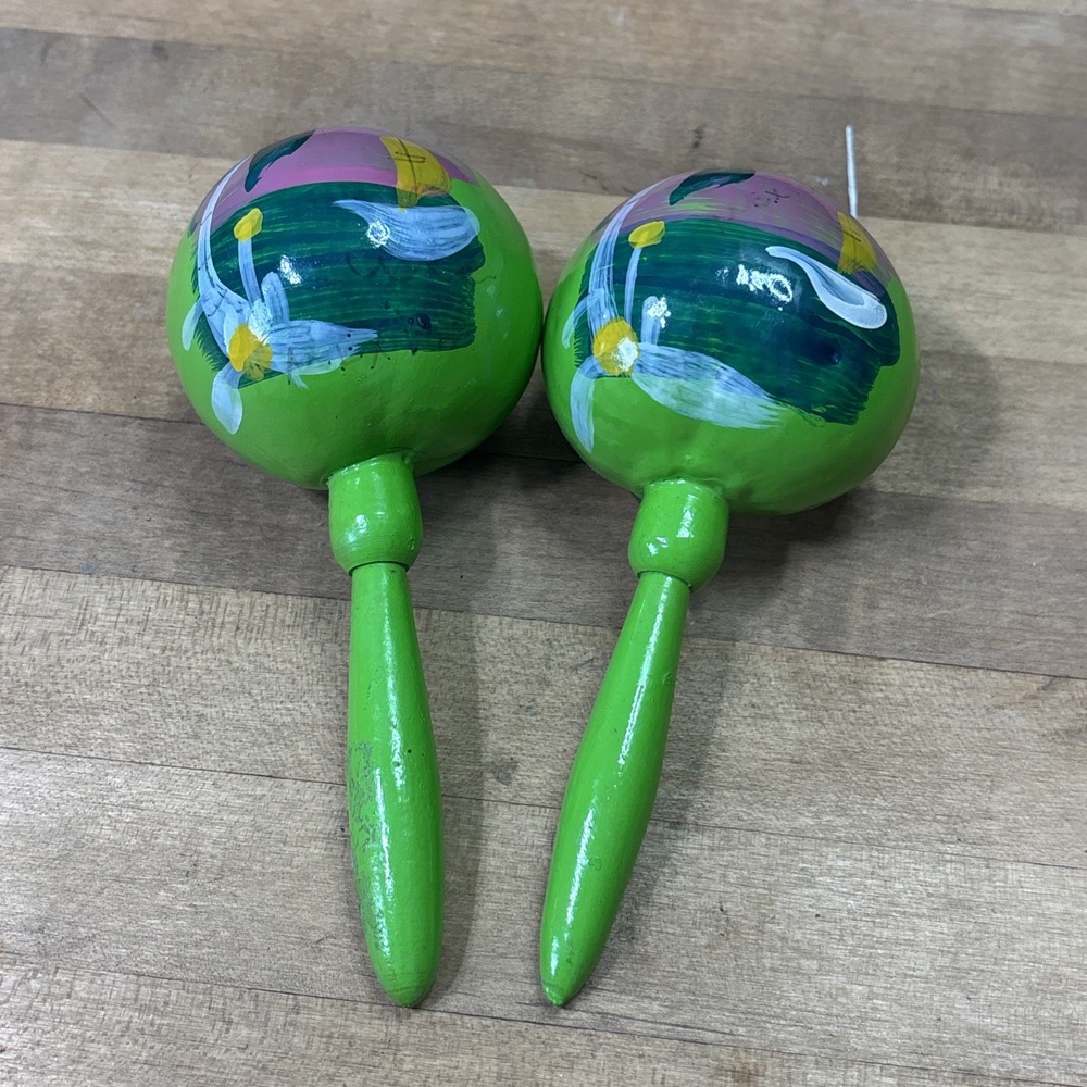 Vintage 1970s Hand Painted Wooden Maracas Green Floral Folk Art Pair